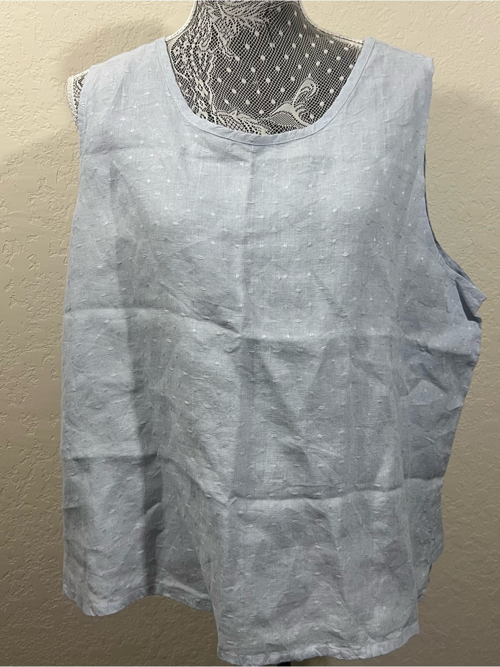 FLAX 100% Linen Light Blue Sleeveless Tank Top Women Size Large Swiss Dot